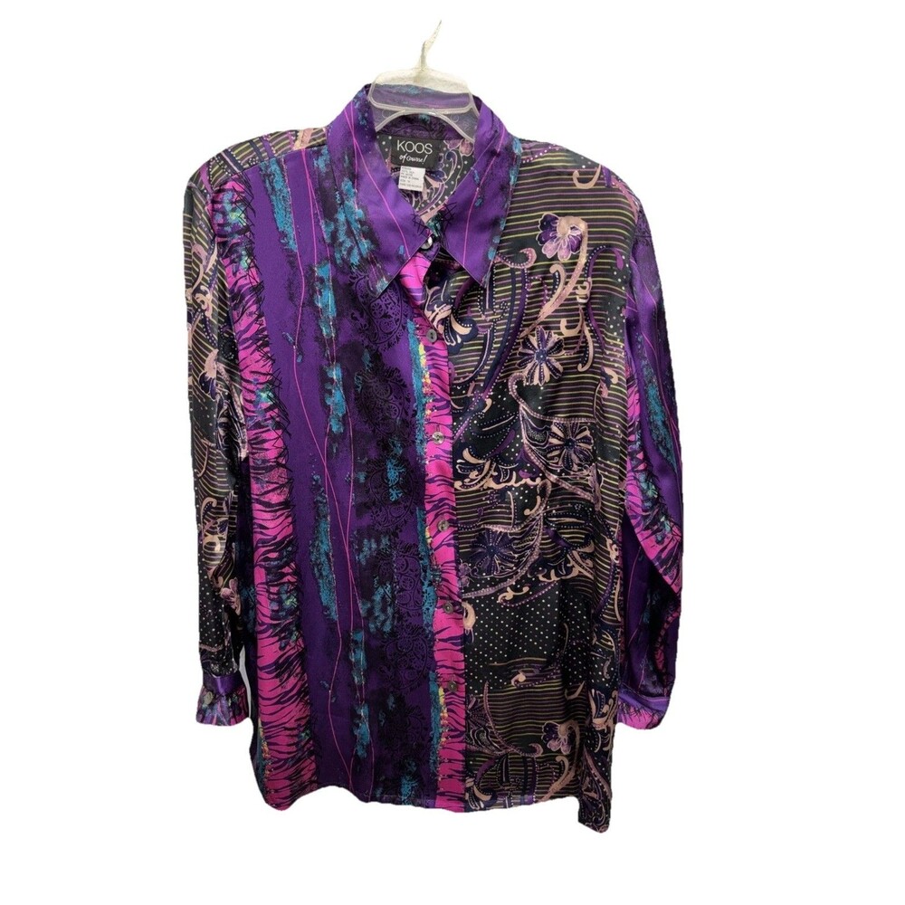 Koos of Course Silk Abstract Blouse Women 1X Purple Glitter Slits Buttons Floral